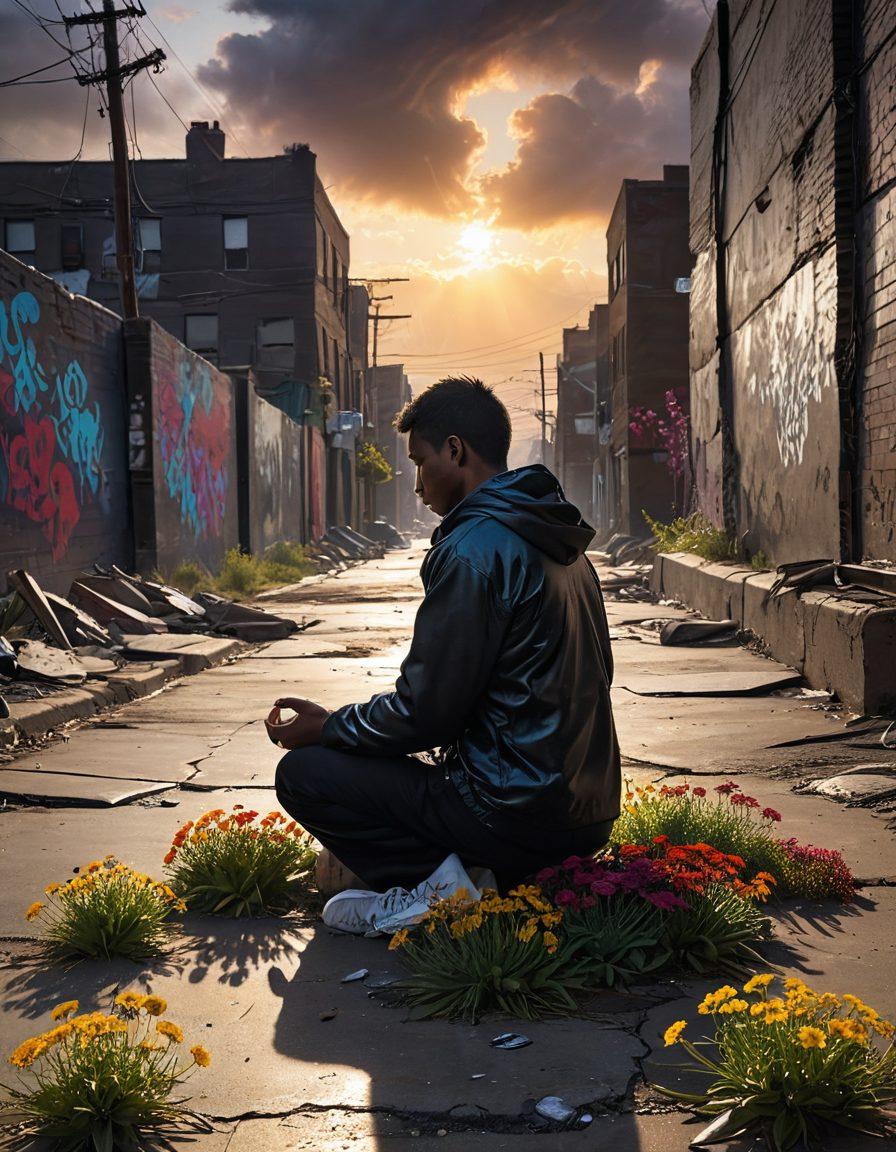 A rugged urban landscape featuring cracked concrete and graffiti, intertwined with delicate flowers and soft rays of sunlight breaking through stormy clouds, symbolizing resilience. In the foreground, a silhouette of a person meditating, exuding inner strength amidst the chaos. The contrast between the harsh environment and the serene figure emphasizes finding grace in difficult times. super-realistic. vibrant colors. moody atmosphere.