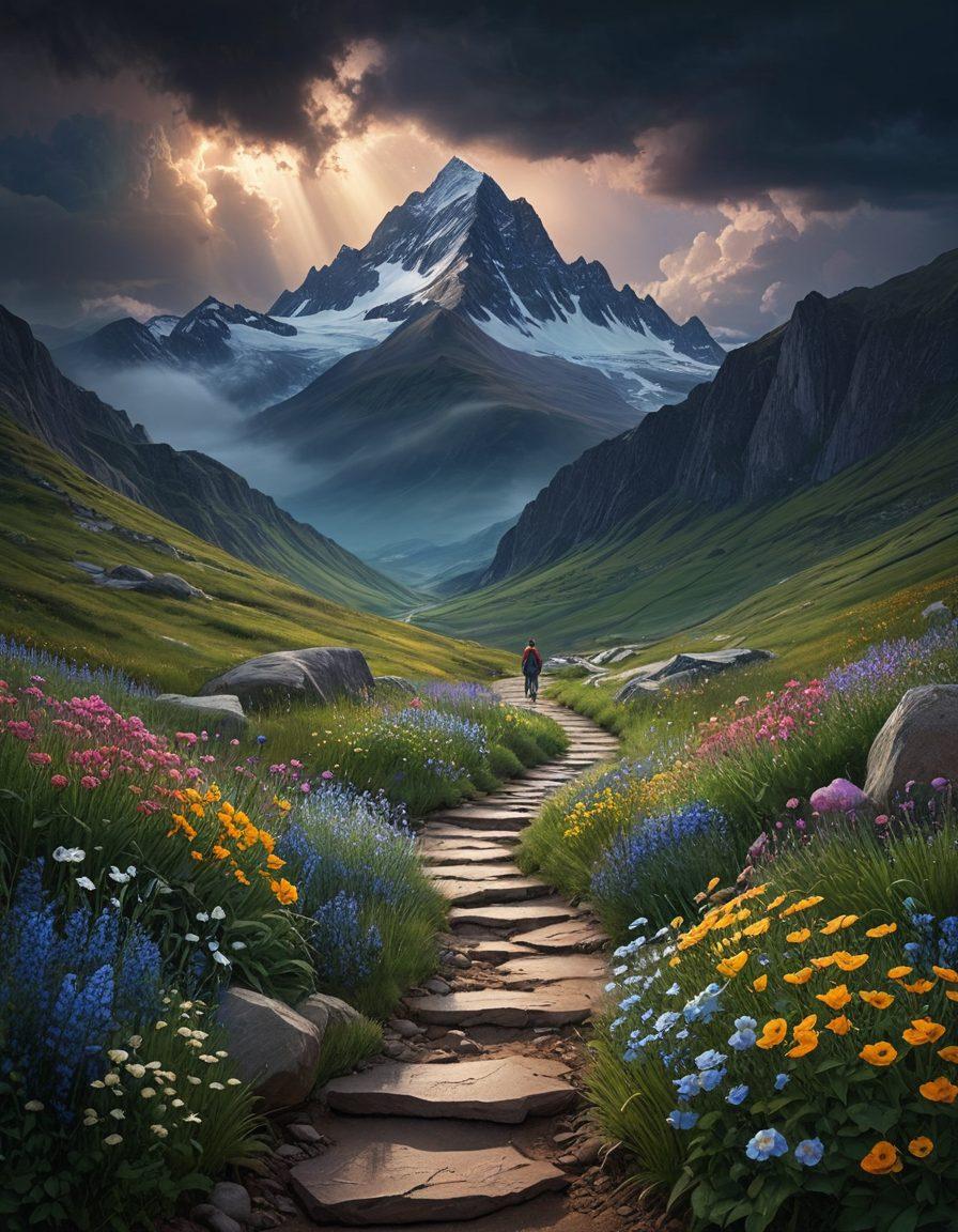 A serene landscape depicting a winding path through a dark, stormy valley that gradually transitions into a bright, sunlit mountain peak, symbolizing the journey from despair to strength. A lone figure stands at the valley's entrance, facing the light with determination, surrounded by blooming flowers and uplifting quotes scattered along the path. The sky shifts from dark clouds to a radiant blue, illustrating hope and resilience. super-realistic. vibrant colors. uplifting atmosphere.