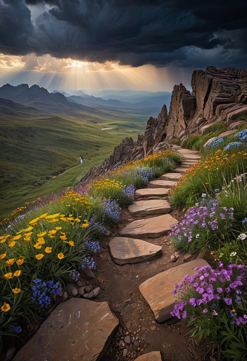 A rugged landscape showcasing a winding path through a mix of sharp, jagged rocks and soft, blossoming wildflowers, symbolizing the journey of overcoming struggle. Dark storm clouds loom in the background, but rays of sunlight break through, illuminating the path ahead. A lone traveler, cloaked in resilience, walks toward the light, embodying strength in adversity. The contrasting elements of darkness and light reflect the theme of embracing sorrow to find strength. super-realistic. vibrant colors. dramatic lighting.